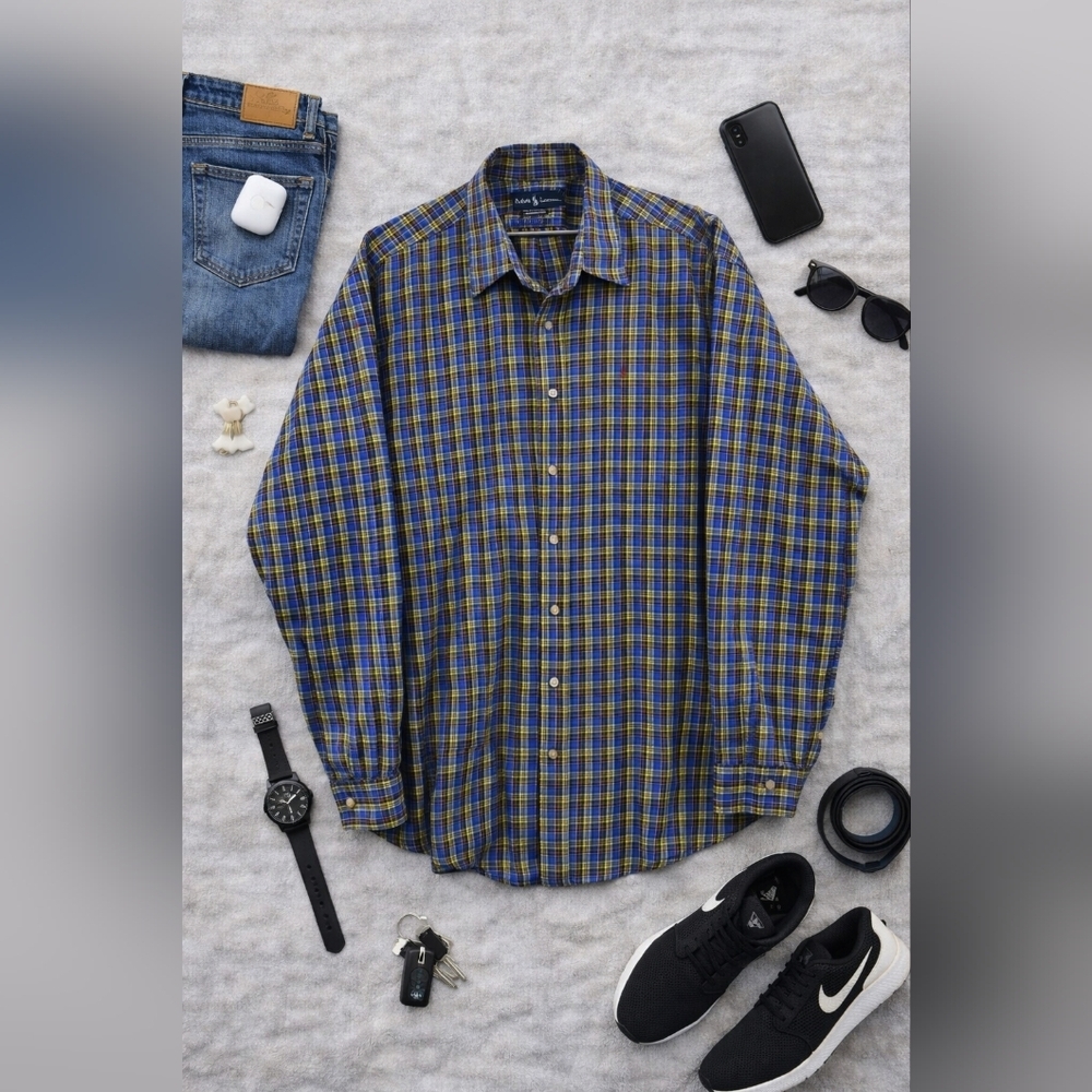 RALPH LAUREN CLASSIC FIT blue Plaid Long Sleeve Cotton Shirt. Mens Size 4XLT